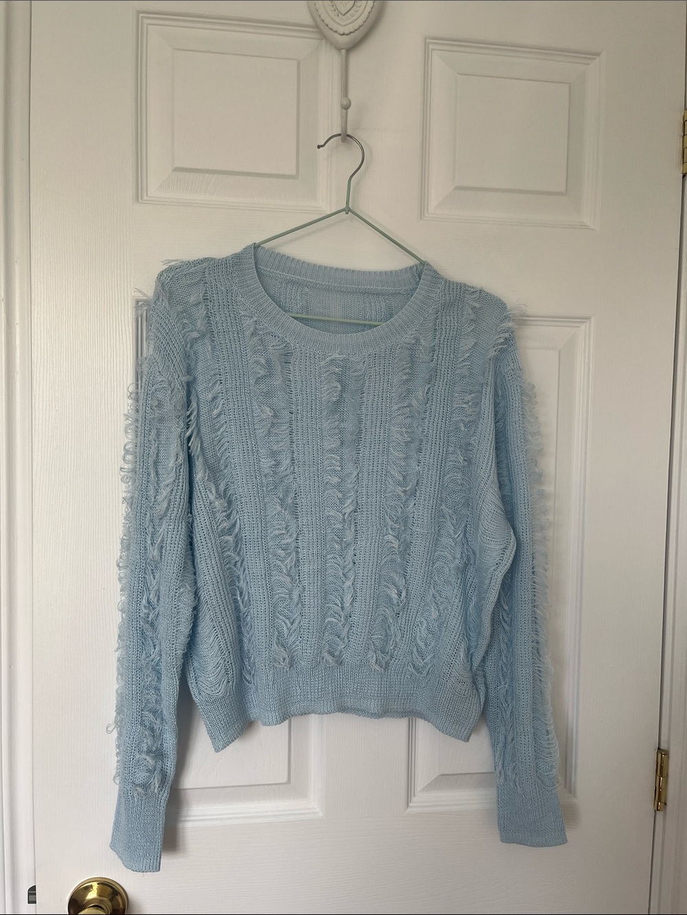 Soft Fringe Cable Crewneck Sweater in Light Blue